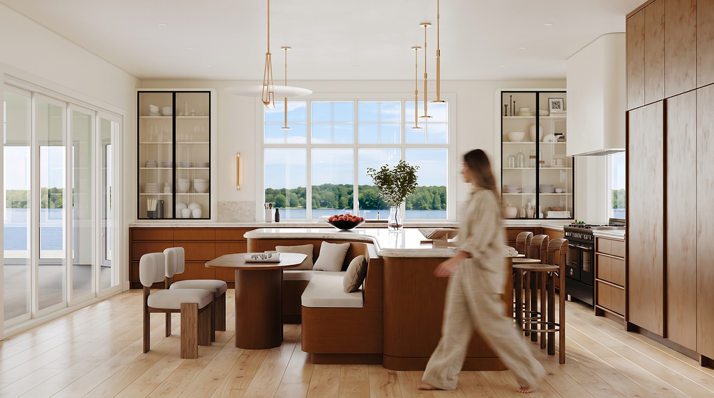 Little Orchard’s wood-lined kitchen overlooking Lake Minnetonka